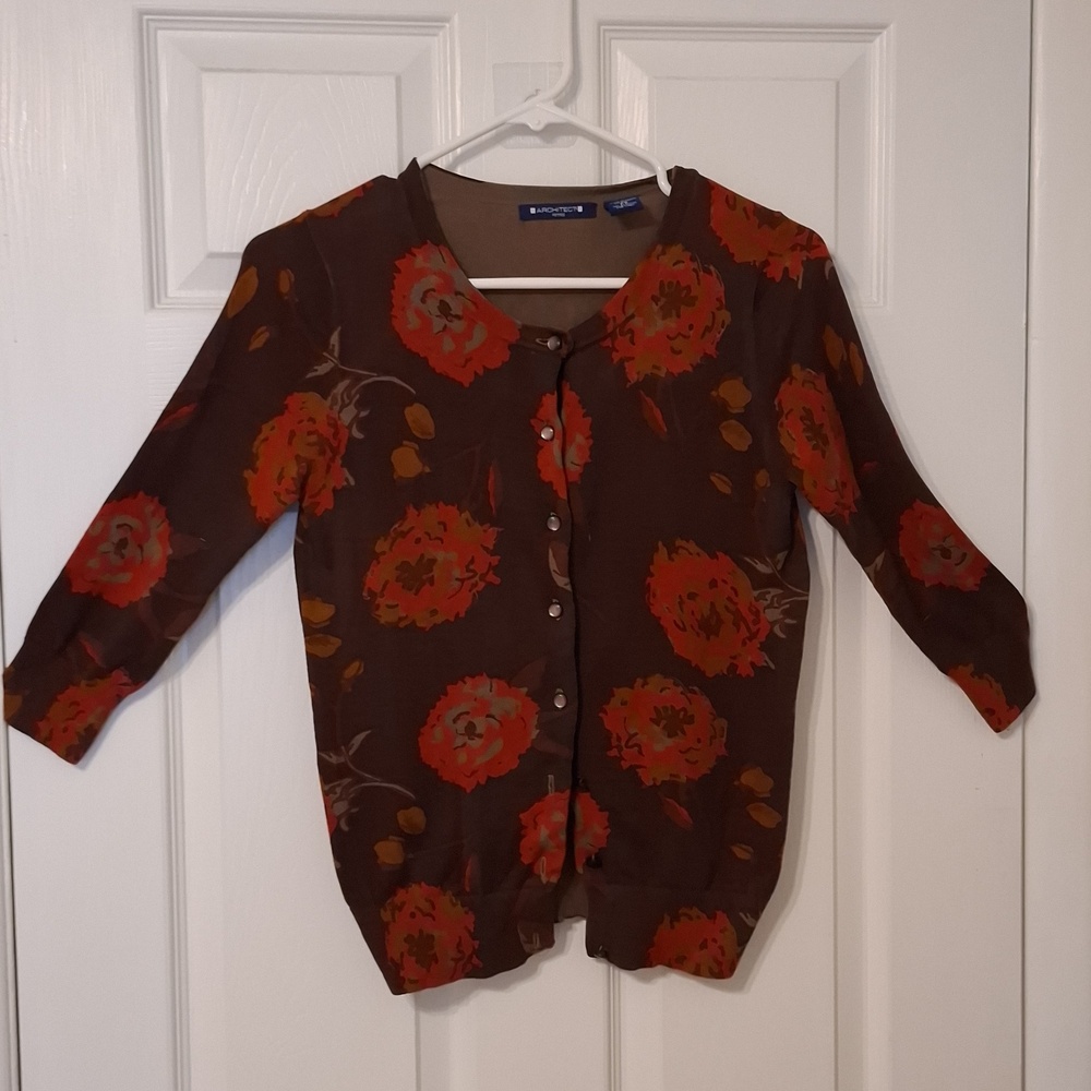 Architect sz PS, brown cardigan with rust and deep orange floral